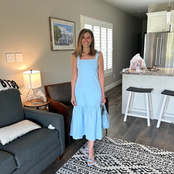 Theory Baby Blue Linen Ruffle Hem Midi Dress S - Picture 1 of 14